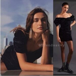 ANTHROPOLOGIE Hutch Ruched Velvet Sweetheart Off Shoulder Mini Dress Black NWT